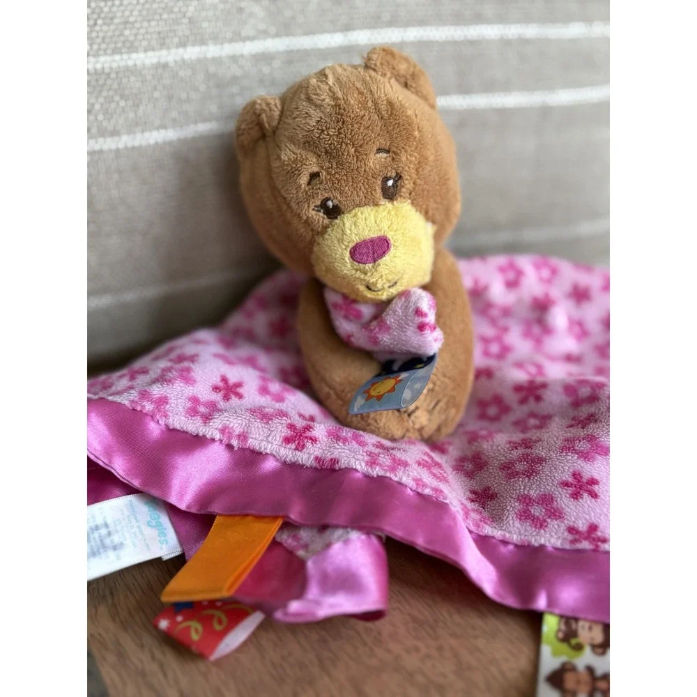 Taggies Pink Floral Teddy Bear Baby Security Blanket Satin Ribbon Loops Plush